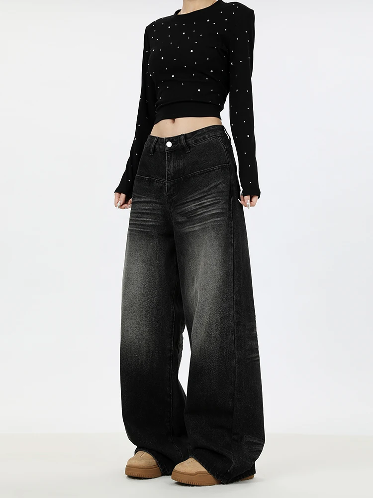 

American Retro Loose Wide Leg Denim Jeans Women Spring Wash Slim Straight Drapey Floor-Length Pants Casual Natural Waist