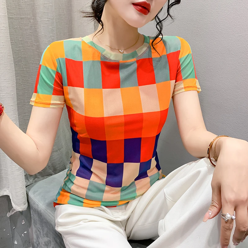 2023 New Summer European Clothes Mesh T-Shirt Women\'s Chic Sexy O-Neck Print Plaid Color Blocking Tops Short Sleeve Tees 36169