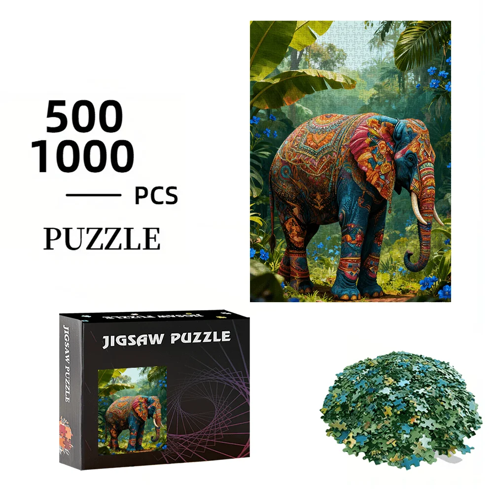500 pièces ou 1000 pièces d'éléphant et de puzzle Puzzles adaptés aux anniversaires, Noël, Pâques - Boîte portable, Challengin