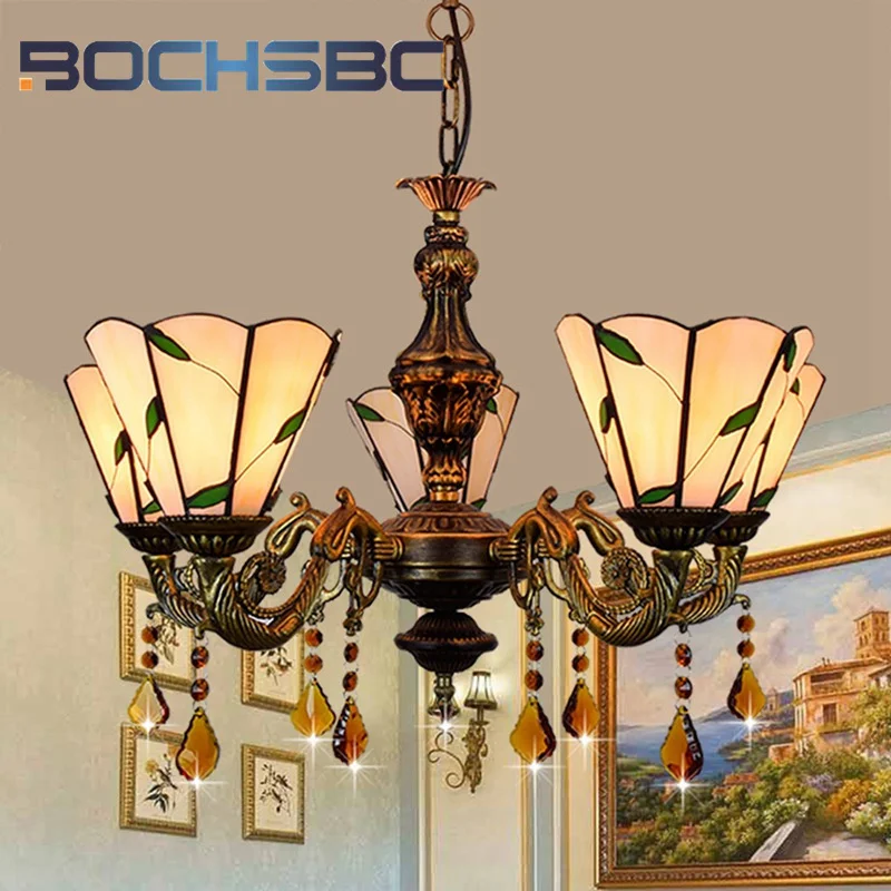 BOCHSBC Tiffany style stained glass simple leaves 5 chandelier Pendant lamp living room Dining room bedroom hallway LED decor