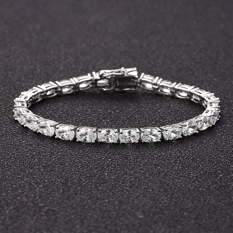 

925 Silver 4x6mm Oval Zircon Tennis Bracelet for Women Fine Jewelry Rhodium Plated 5A CZ Link Chain Bracelet Hiphop Jewelry