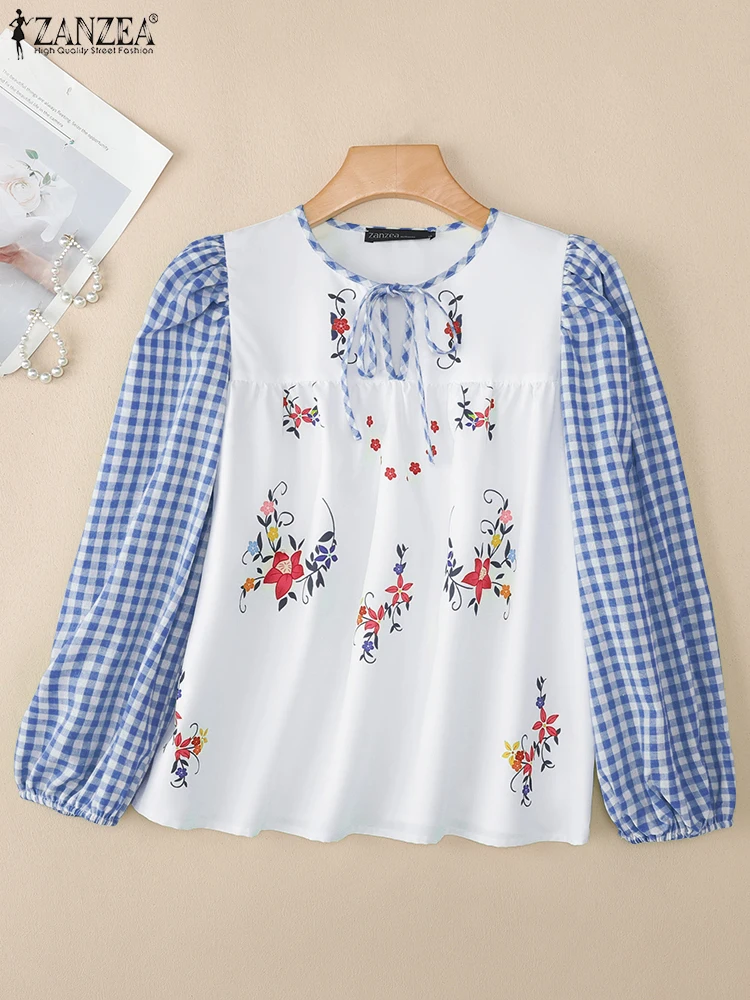 ZANZEA بلوزات نسائية غير رسمية مطبوعة بالورود لخريف 2025 رقبة دائرية وأكمام طويلة منتفخة بلوزات عطلة القماش القطني المرقعة