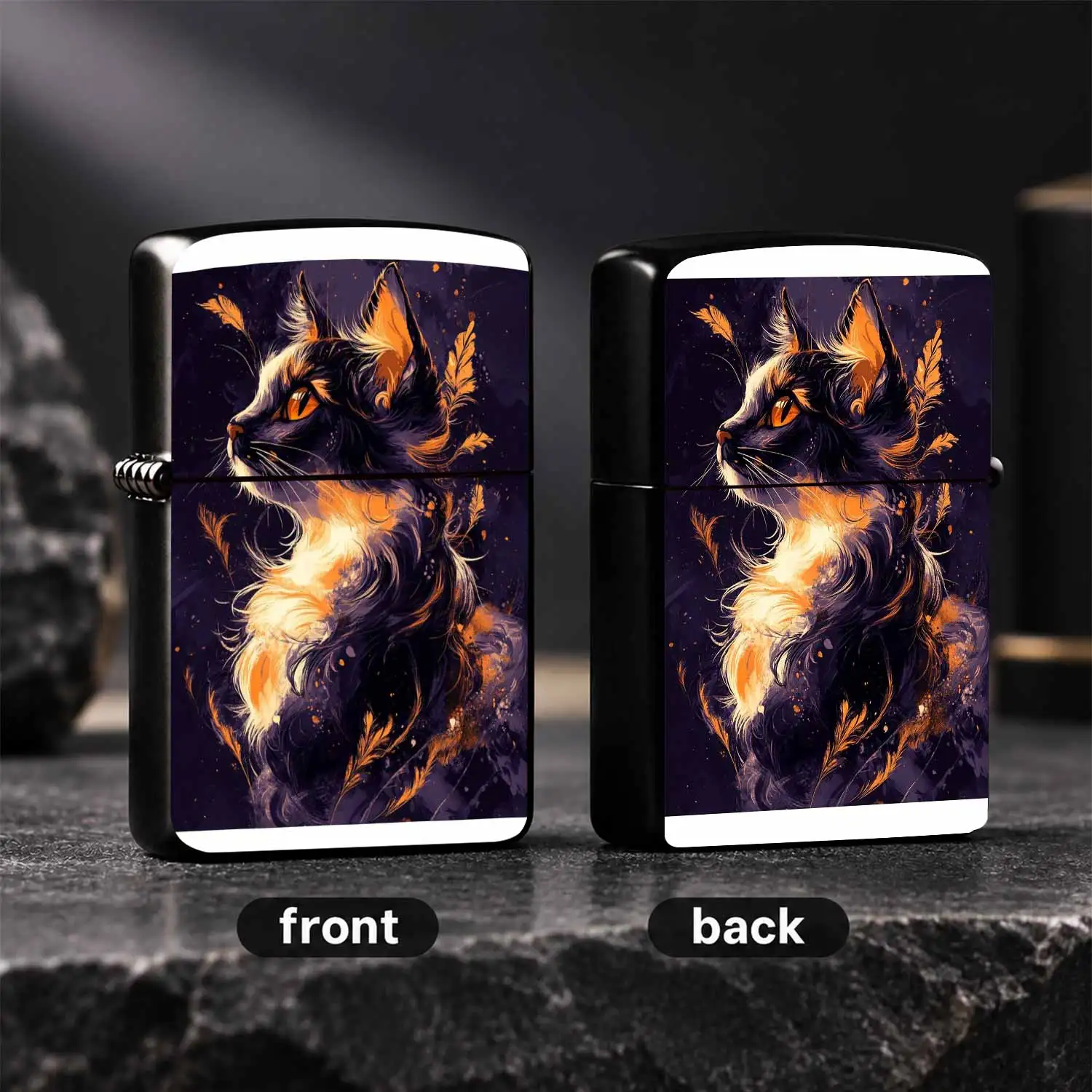 Stylish Dark Purple Orange Cat Pattern Lighter, Artistic Whimsical Feline Design Portable Igniter, Ideal For Daily Carry, Gifting, Collection, Versatile Use For All Scenes, Chic Unique Decorative Practical Accessory A Humorous And Interest
