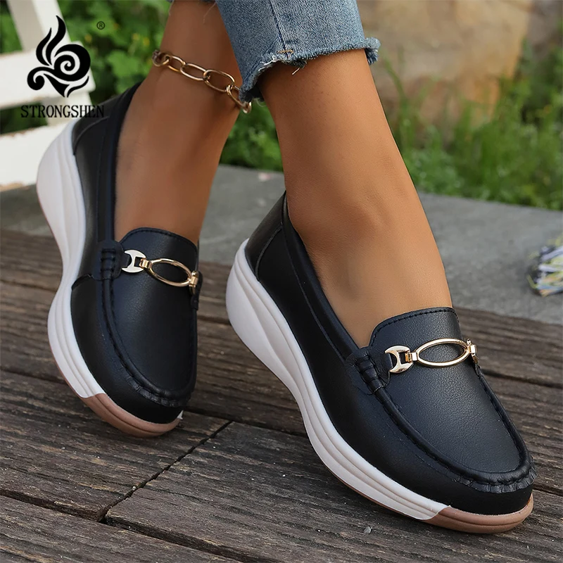 STRONGSHEN Women Wedge Leather Shoes Slip On Moccasins Casual Sneakers Zapatos Mujer Flat Shoes For Women Platform Casual Shoes