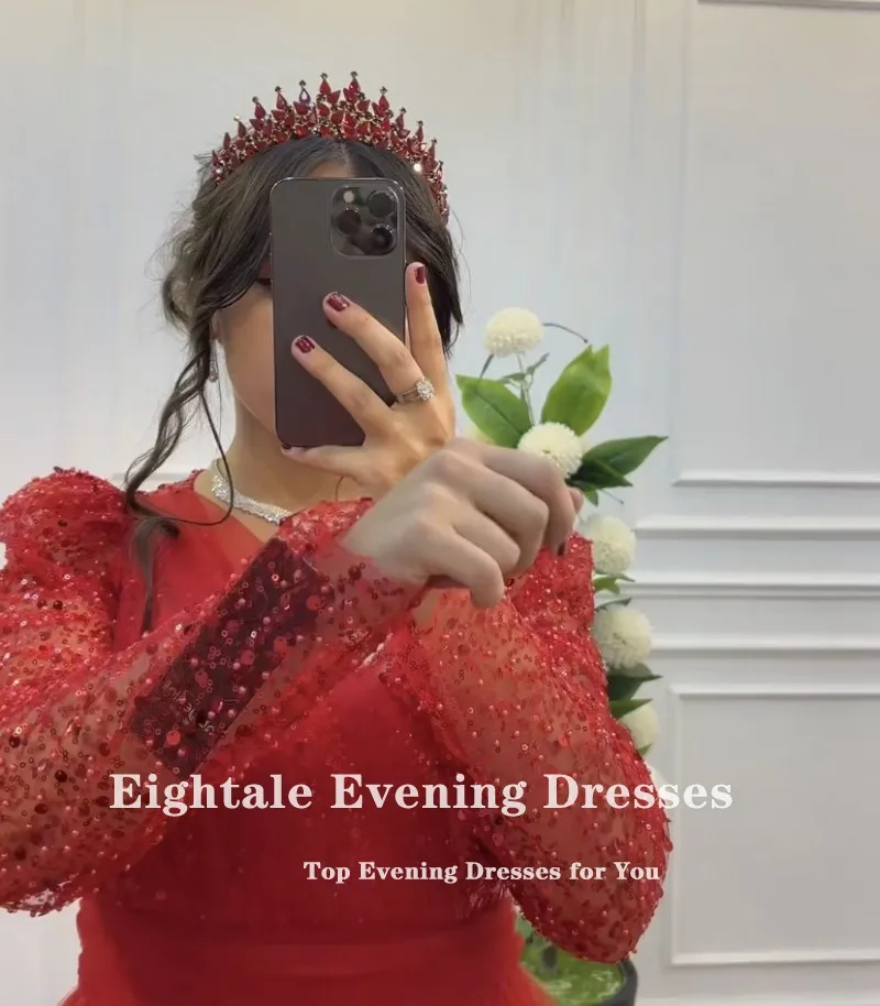 Eightale Red Evening Dress for Wedding Party Tulle Customized Arabic V-Neck Sequined Long Sleeves Formal Prom Gowns Vestido