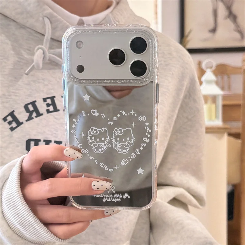 

New 2026 Mirror Cartoon Cat Heart Phone Case For iPhone 17 Pro 16 15 14 Pro Max with Glitter Frame Shockproof Cover Girl