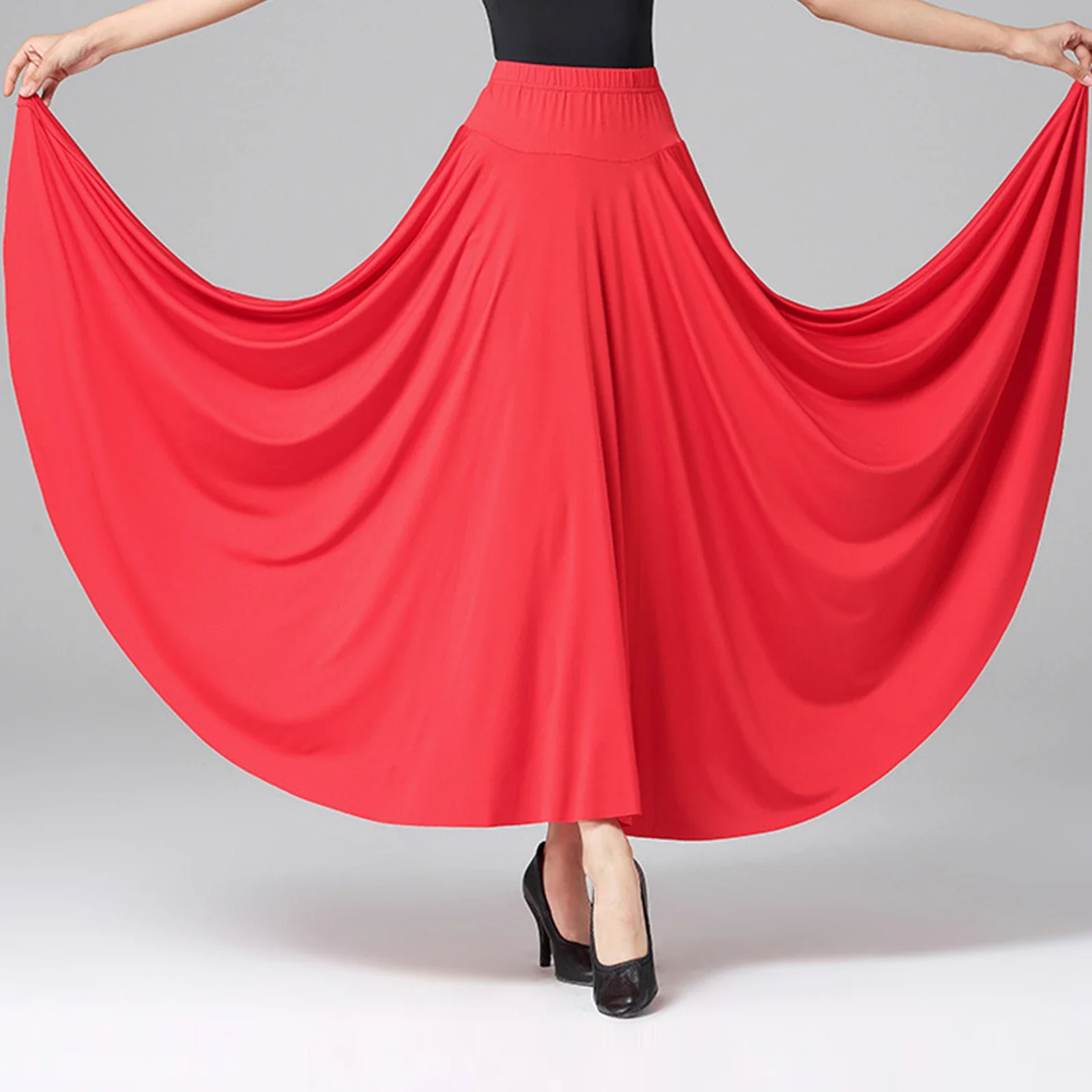 Dames Spaanse Flamenco Swing Rok Effen Ballroom Dans Lange Rokken Hoge Taille Elastische Tailleband Ruche Performance Kostuum