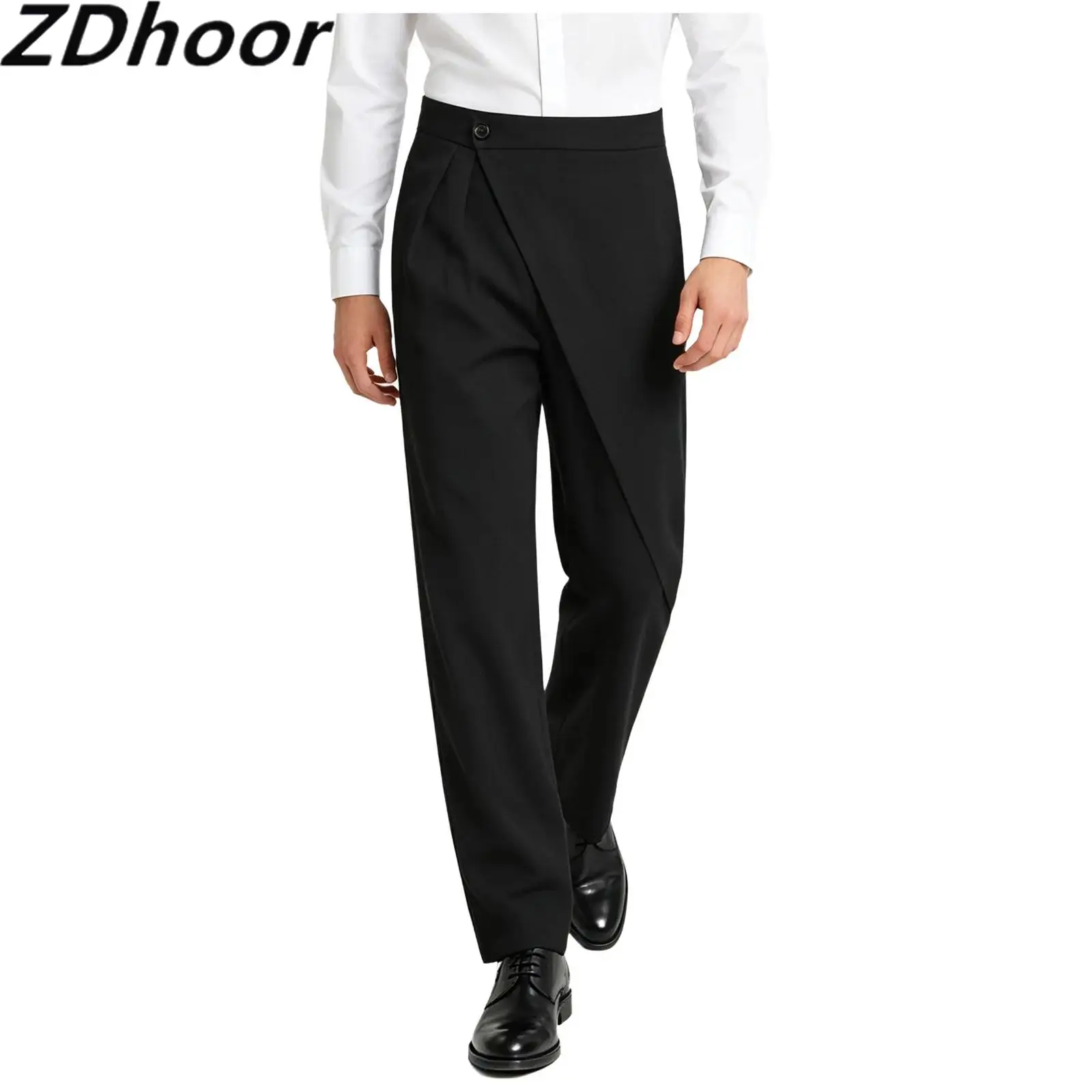 Men Latin Dance Trousers Irregular Layer Wrap Front High Waist Straight Leg Long Pants for Performance Competition