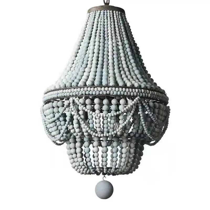 France Wood Bead Chandelier Pendant Lights Gray Blue Finishing Retro Vintage Antique Rustic Kitchen Ceiling Lamp Light Fixtures