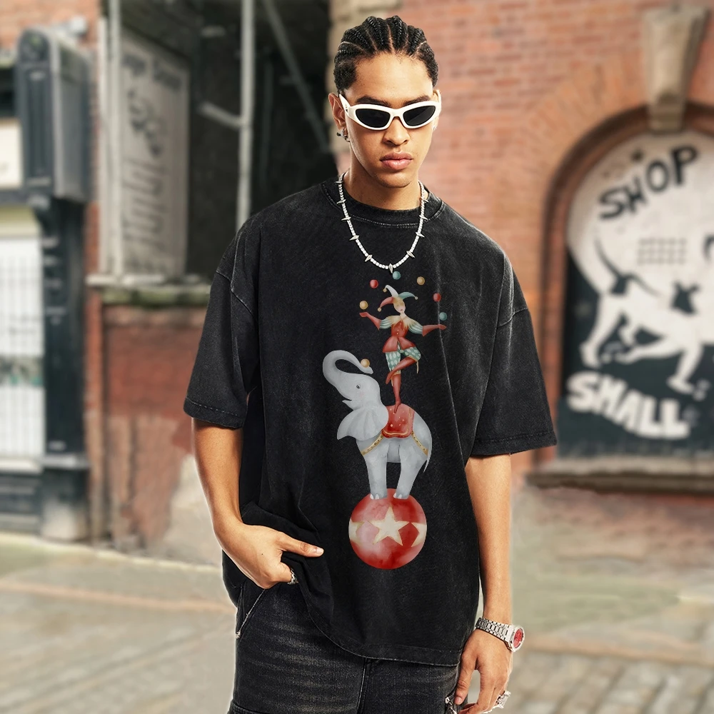 تي شيرت برسومات Y2K تي شيرت سيرك كلوون 100% قطن، تي شيرت مغسول كبير الحجم عالي الجودة. مهرج الفيل طباعة ريترو 90s Y2K فيبي