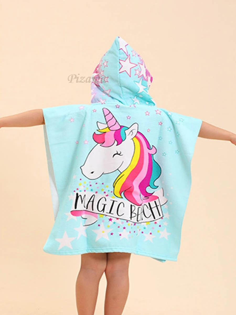 Toddler Baby Girls Unicorn Bathrobes Blue Star Print Wrap Beach Towels Quick Dry Soft Comfortable Kids Hooded Bathrobe Towels