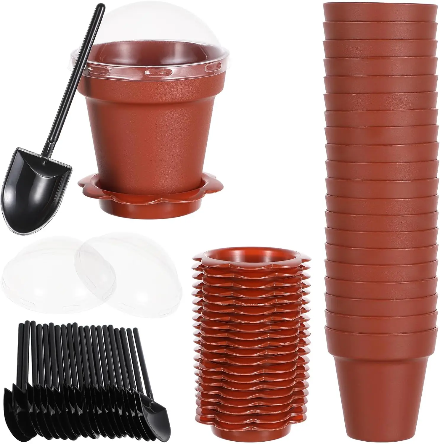 

20 Pack Flower Pot Dessert Cups with Lids Mini Plastic Bucket Cake Cups with Shovel and Bottom Tray for Indoor Outdoor S