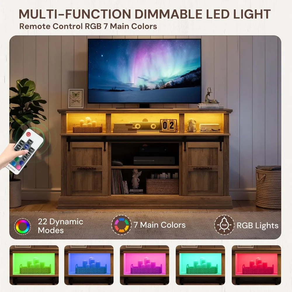 Rustykalny stojak pod telewizor 75 cali z przesuwanymi drzwiami w stylu stodoły, wysokie szafki RTV o wysokości 32 cali, konsola multimedialna z oświetleniem LED