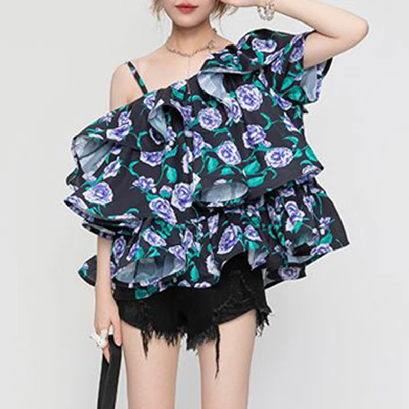 

Autumn Fashion Design Sense One Shoulder Print Layer Ruffle Edge Waist Wrapped Long Sleeve Ruffle Edge Shirt for Women