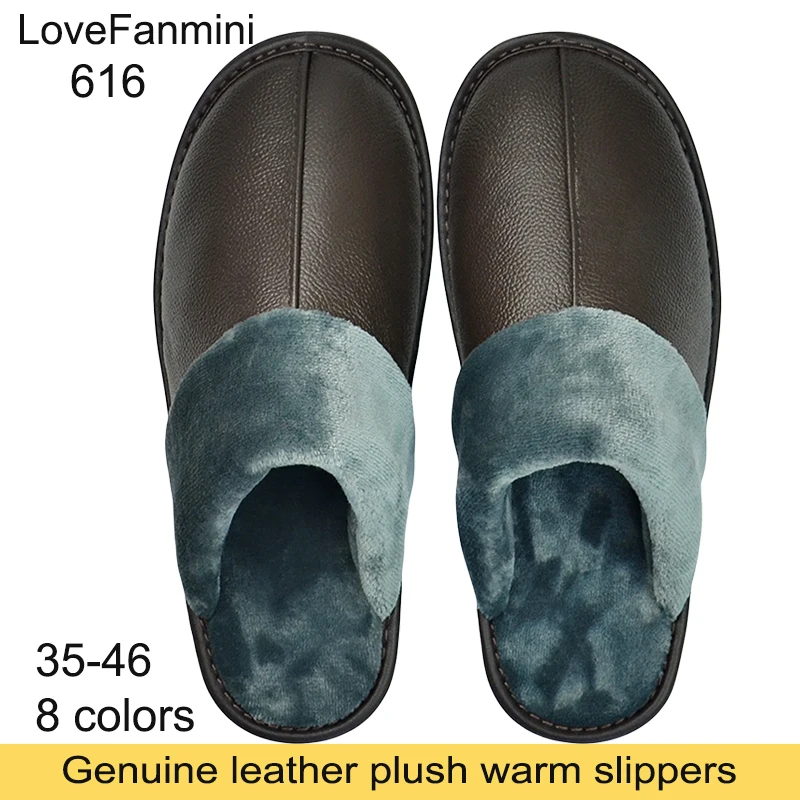 Genuine Cow Leather Slippers Winter plush flannel Homes in indoor slipper men women elderly non-slip casual warm shoe