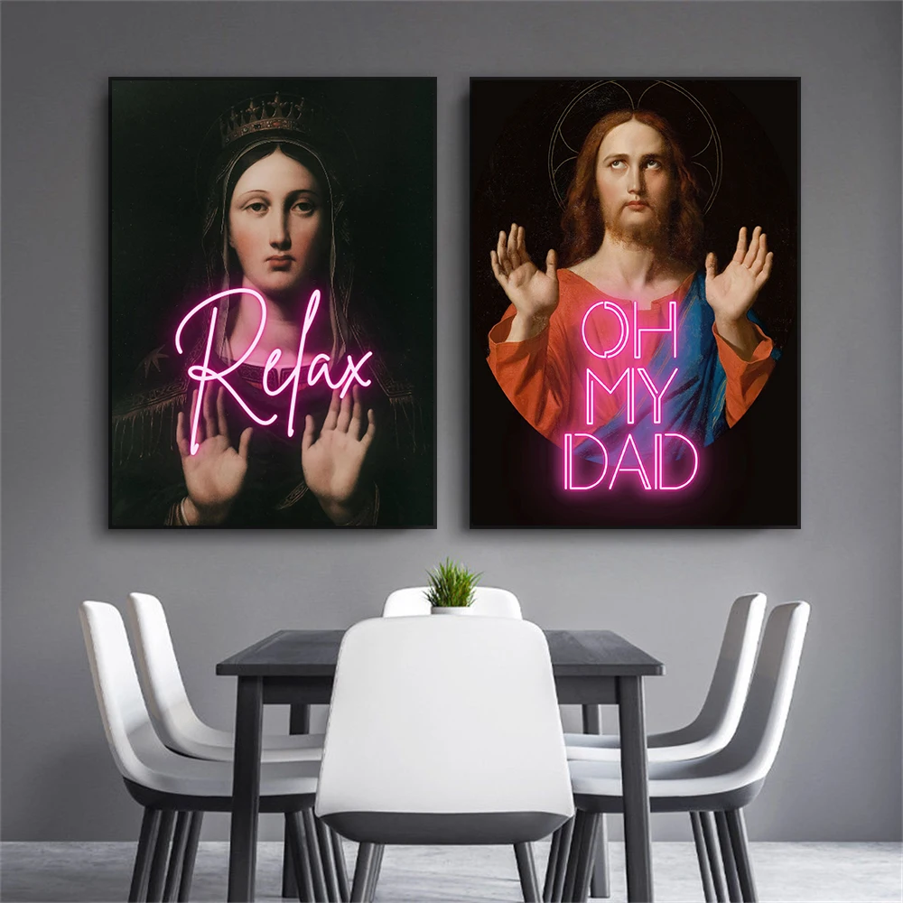 Altered Art Jesus Pink Neon Print Poster Vintage Funny Maximalist Renaissance Baroque Ironic Art Canvas Painting Home Room Decor