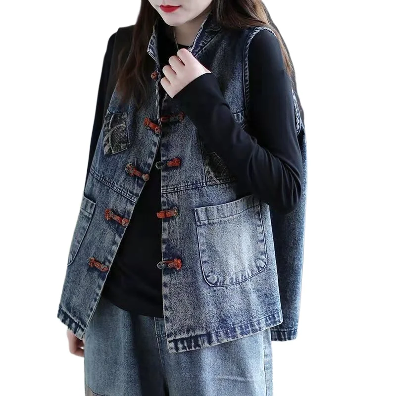 

Женская хлопковая короткая джинсовая жилетка больших размеров в китайском стиле, ретро, корейская модная безрукавка для женщин