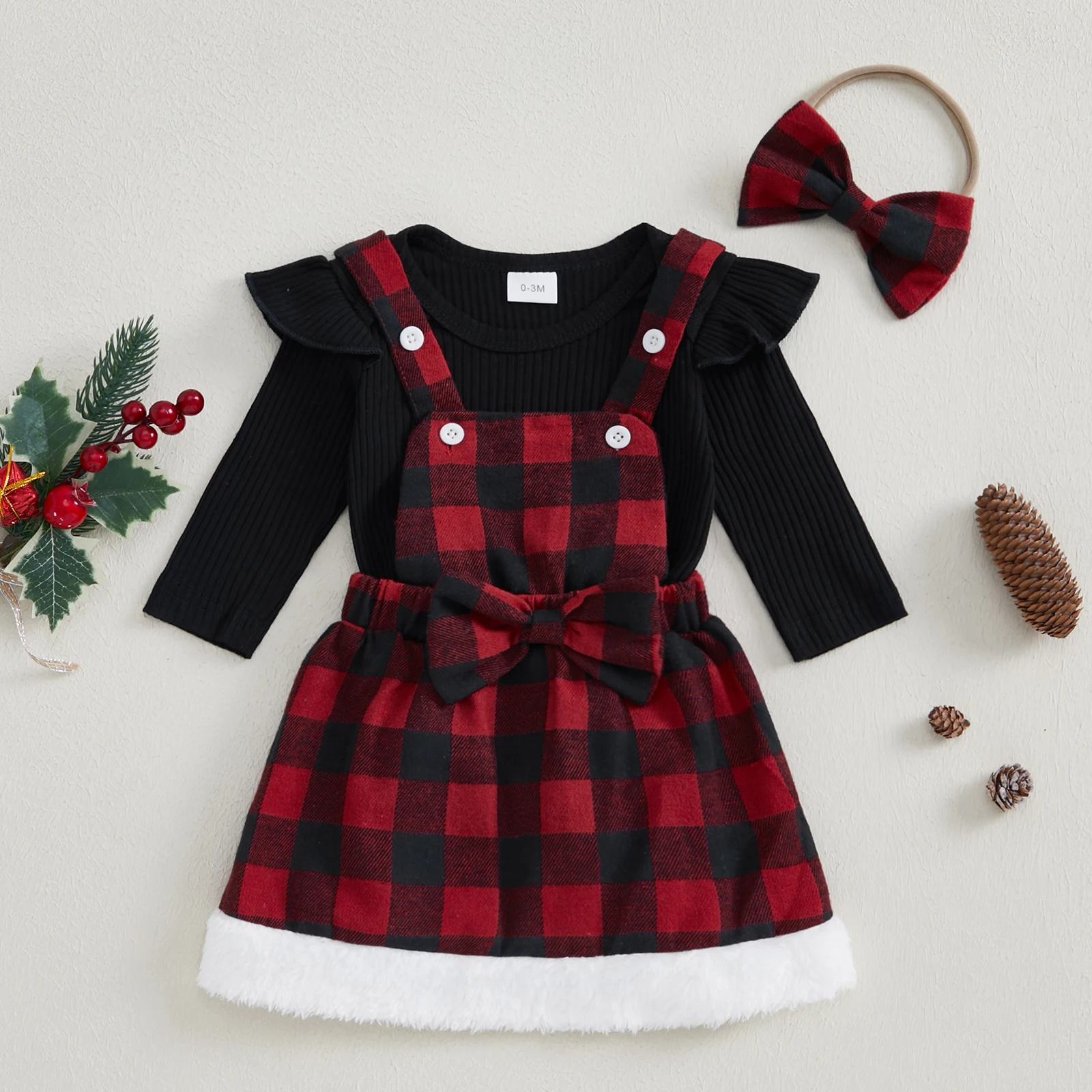 2025 New Years Baby Girl Christmas Outfit Ruffle Long Sleeve Ribbed Romper Tops Plaid Suspender Skirt with Headband 3 Piece Set