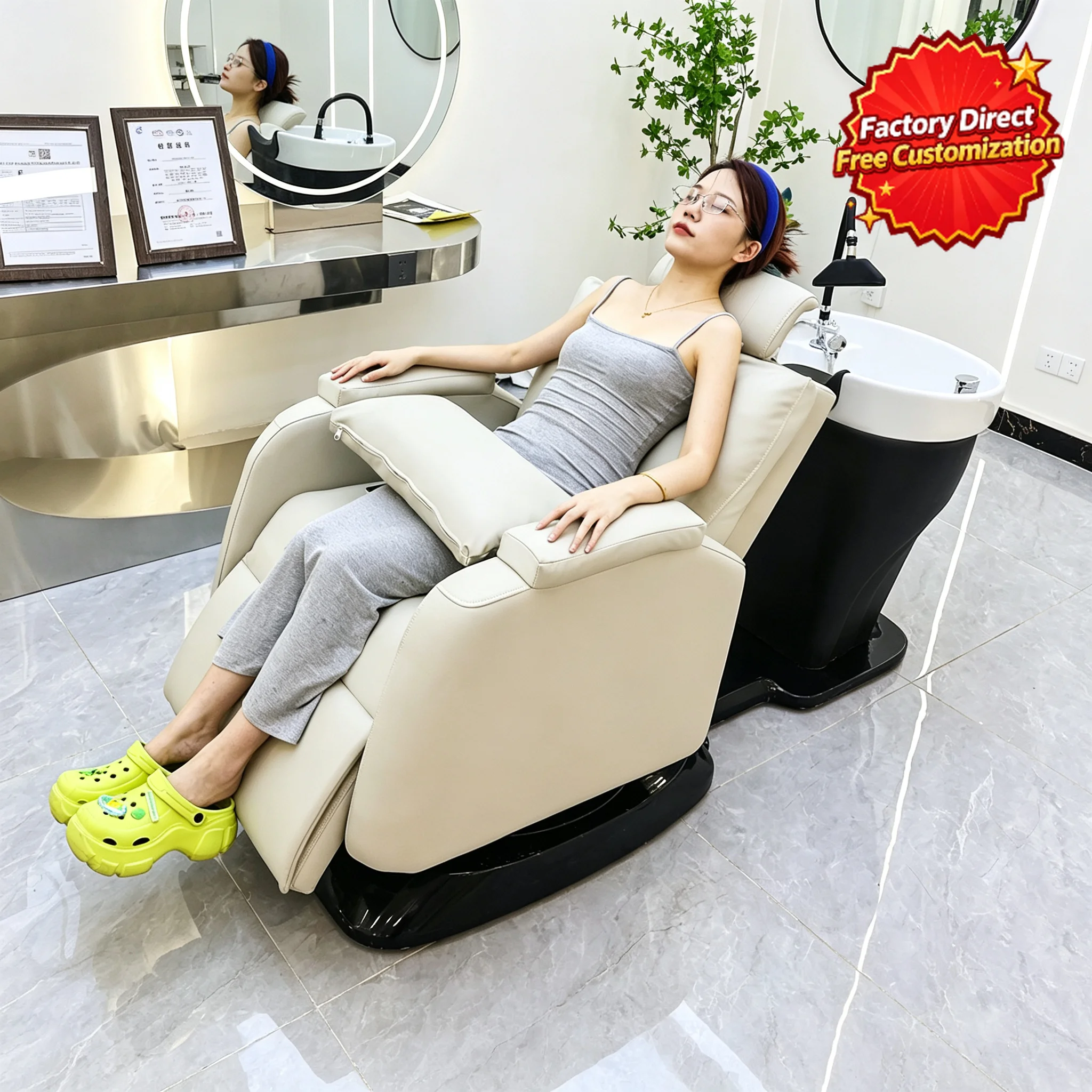 Electric Reclining Shampoo Chair with Ceramic Basin Adjustable Hair Washing Bed for Salon Barbershop Beauty Spa