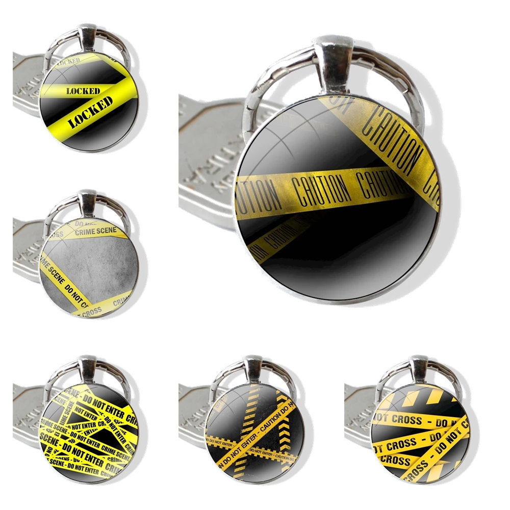 Keychain Glass Cabochon Metal Pendant Classic Men's Women's Keyring Yellow crime scene