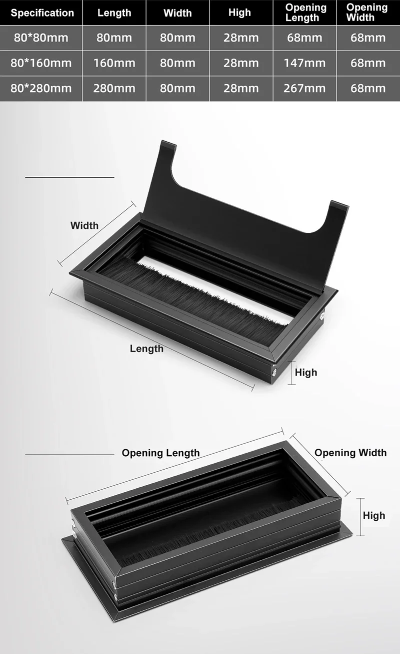 Aluminum Alloy Table Threading Box 80mm With Brush Cable Threading Box With Cable Grommet Hole Cover Outlet Port