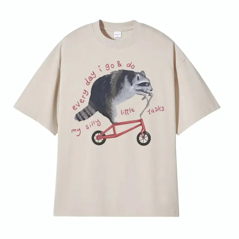 Funny Raccoon on Bicycle Meme Tee Shirt Men Women Casual Retro Cartoon T-shirt Summer Casual 100% Cotton Oversized T Shirt Tops