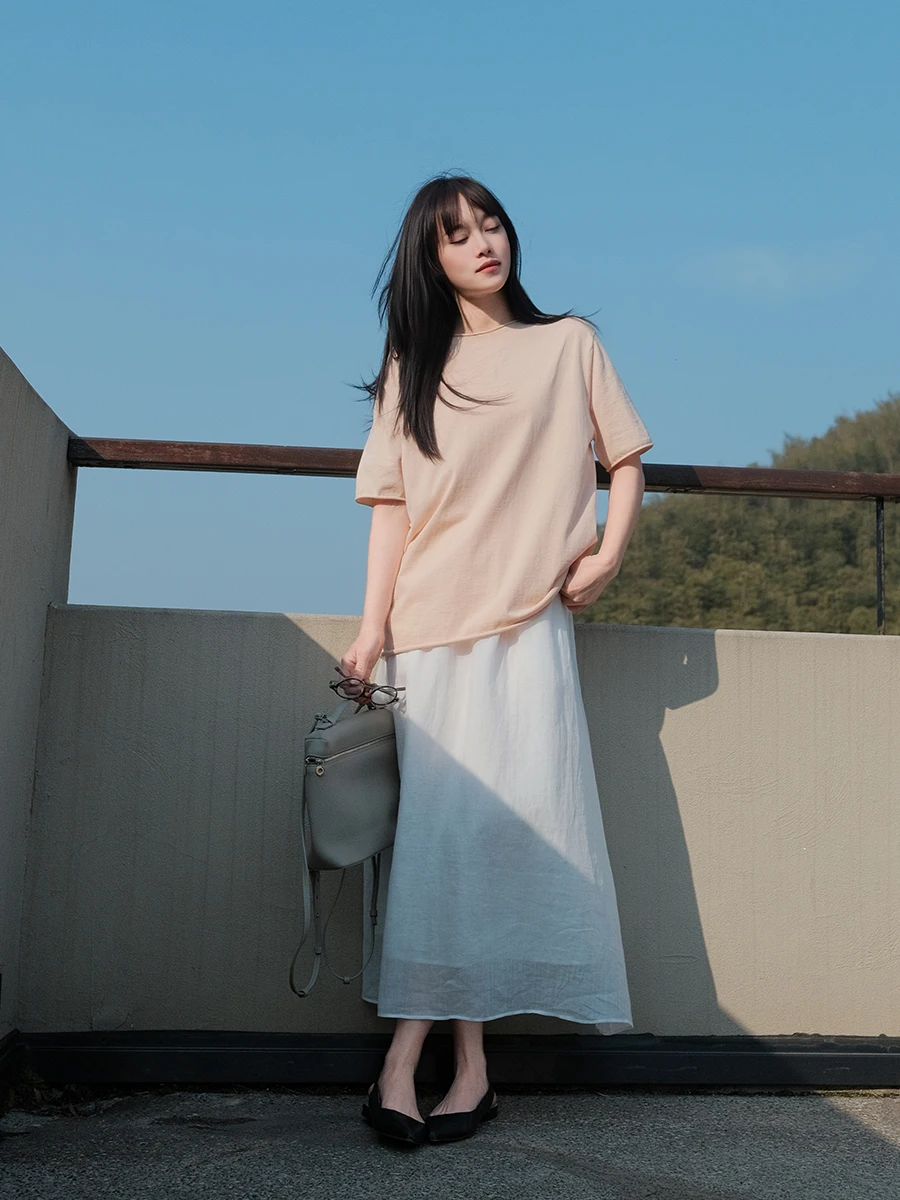 

Minimalist Knitted Short Sleeve T-Shirt Women Summer Loose round Neck Basic Style Inner Wear Base Shirt Drapey Feeling