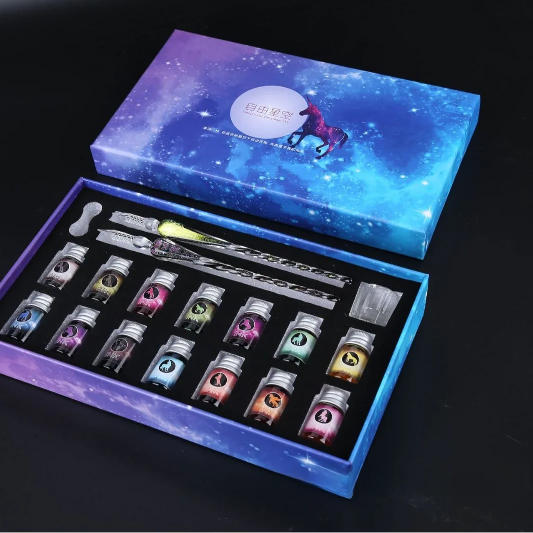 قلم السماء المرصعة بالنجوم الملون، قلم زجاجي، قلم غمس، أدوات مكتبية، هدية إبداعية، قلم توقيع، هدية