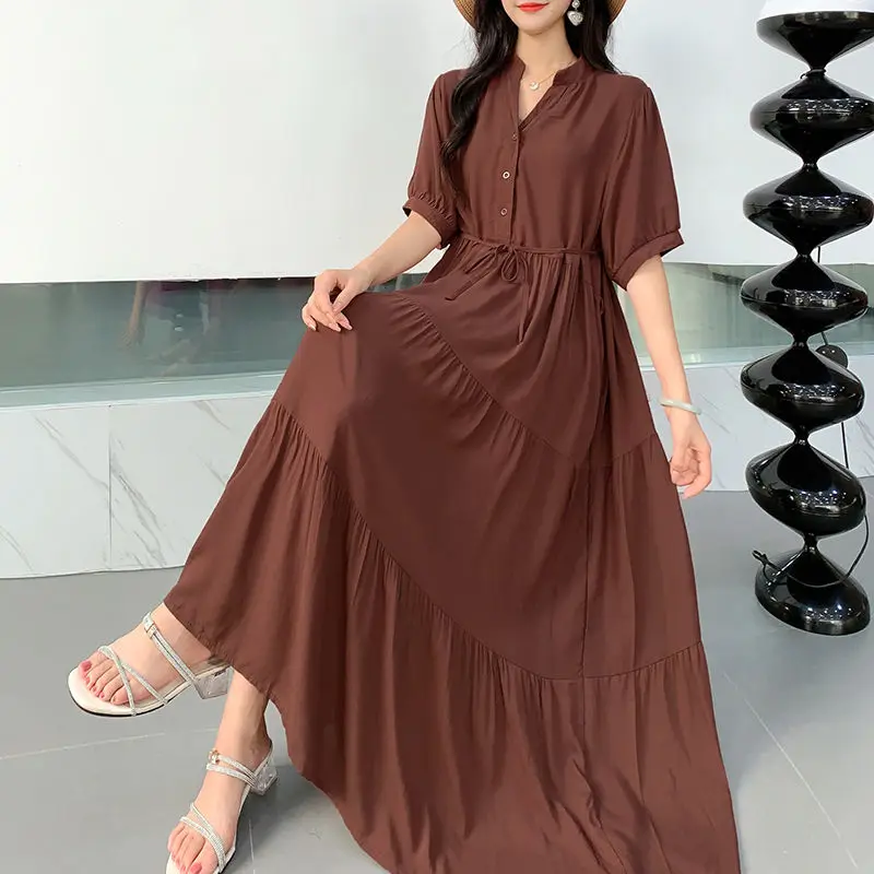 Purple Cotton Silk Dress Loose Cover the Belly Slim and Long Big Display Solid Color Tie Waist Cinching Temperament Long Skirt