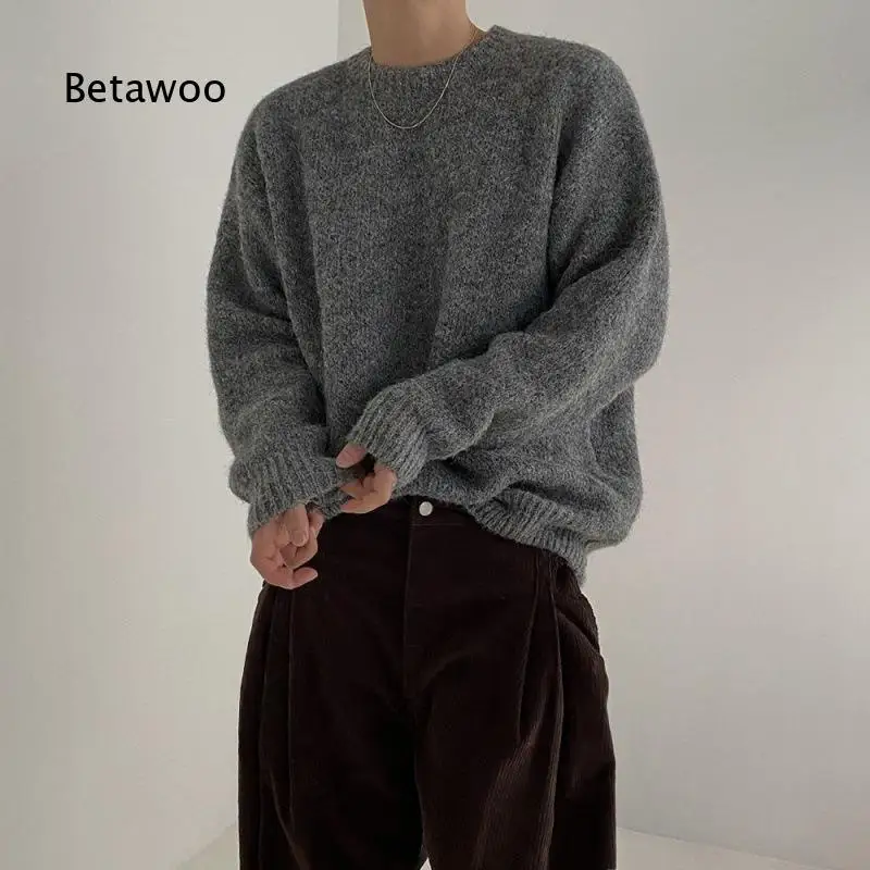 Mens Knit Sweater Autumn Korean Style Lazy Fit Pullover Top Soft Fabric Round Neck Loose Cut Daily Casual Wear For Street And D