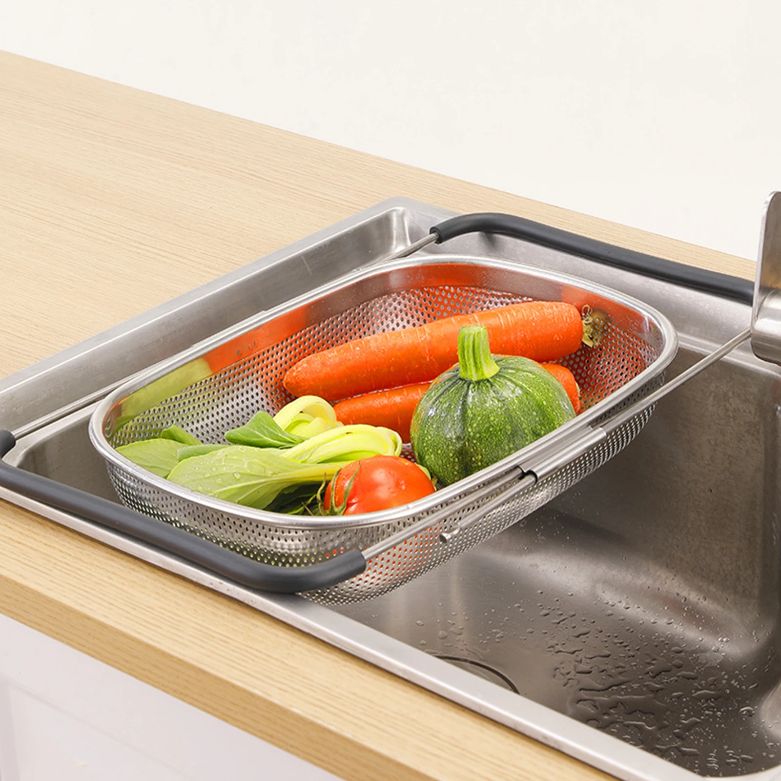 Over the Sink Colander Strainer Basket Extendable Colander Stainless Steel,Suitable for Wash Vegetables and Fruits