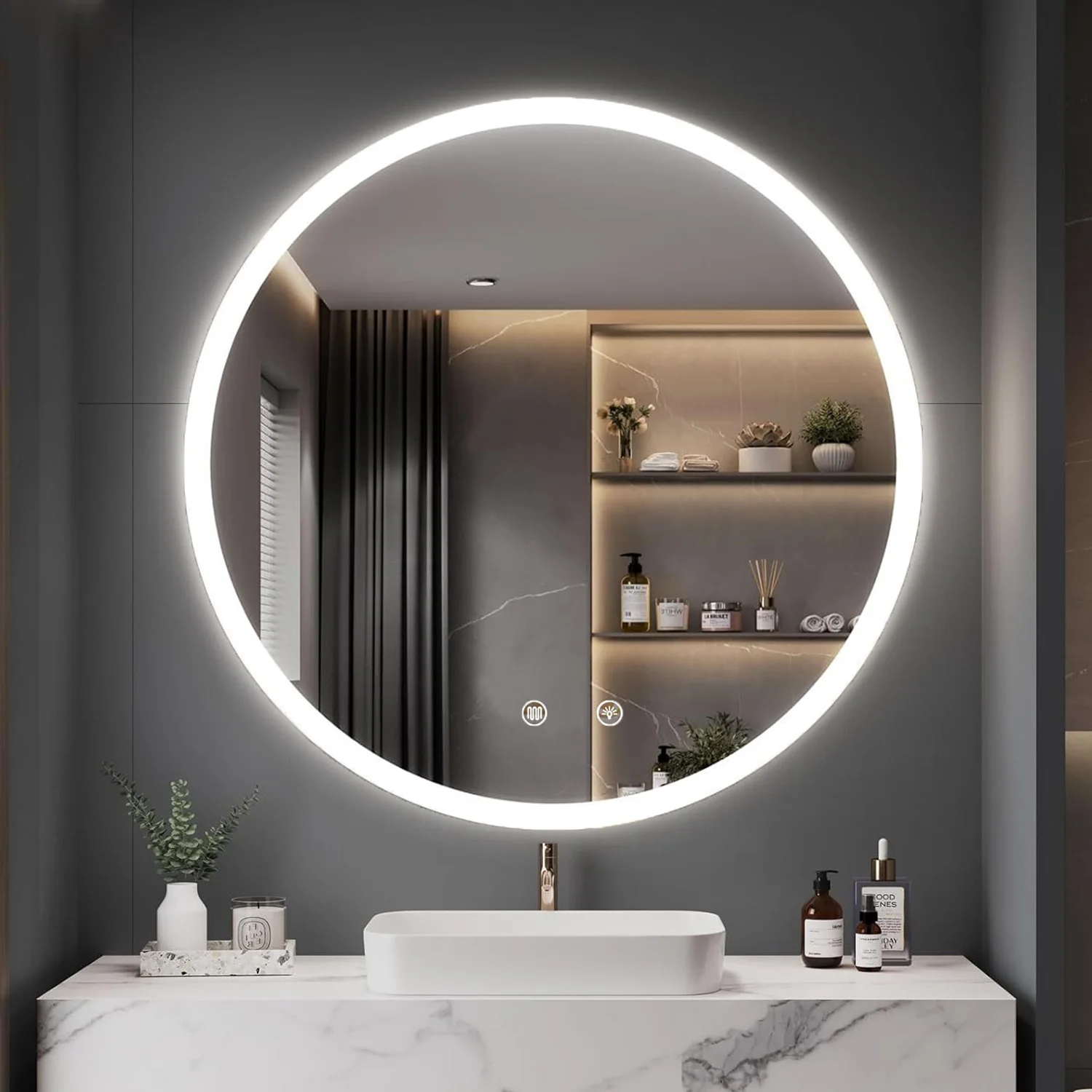 Espejo de baño LED redondo con iluminación y antiniebla, espejo de maquillaje de pared regulable, fusible incorporado para espejo de maquillaje de baño