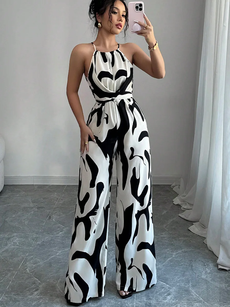 Suspenders Jumpsuit Summer European and American Style Milk Pattern Lace-Up Neck Jumpsuit for Women Ropa Mujer