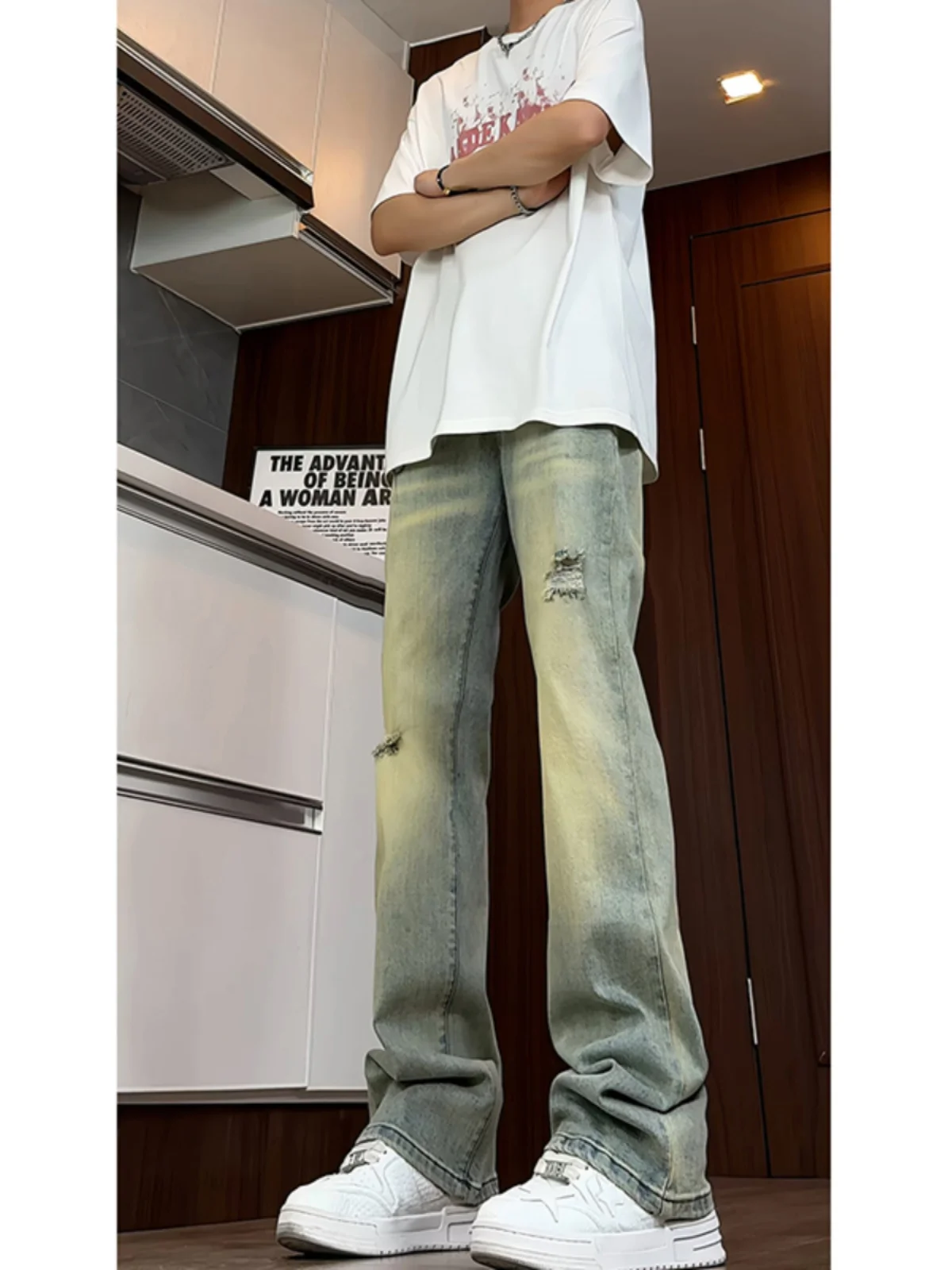 

Summer Thin Straight Leg Men's Jeans Casual Hole Design American Sle High Street Vibe Loose Fit Long Pants Youth Trend