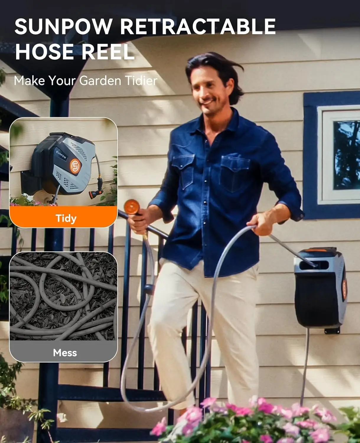 بكرة خرطوم حديقة قابلة للسحب - بكرة خرطوم مثبتة على الحائط مقاس 1/2 بوصة × 85 قدم مع تركيب نحاسي 3/4 بوصة وفوهة بخاخ 10 وظائف - #2