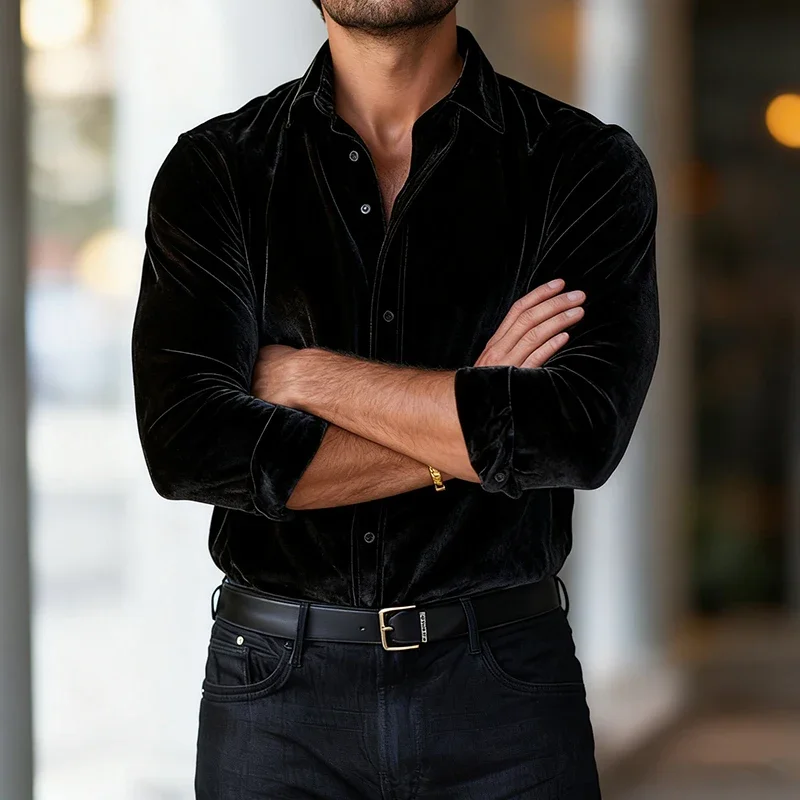 

Vintage Mens Velvet Shirt Tops Autumn Winter Business Casual Solid Color Shirts Men Clothing Classic Button-up Lapel Cardigans