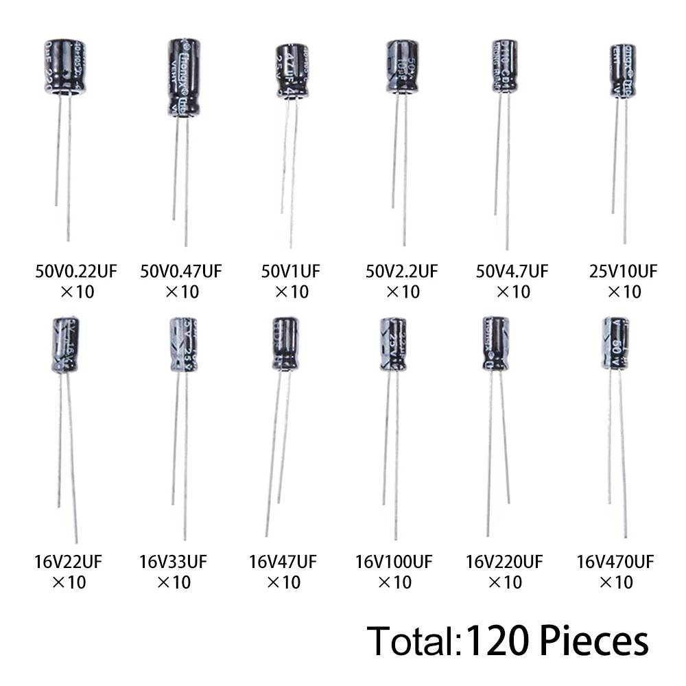 120PCS 16V 12Values Electrolytic Capacitor Kit (0.22μF-470μF 16V-50V) for DIY Electronic Circuit Project 0.22μF