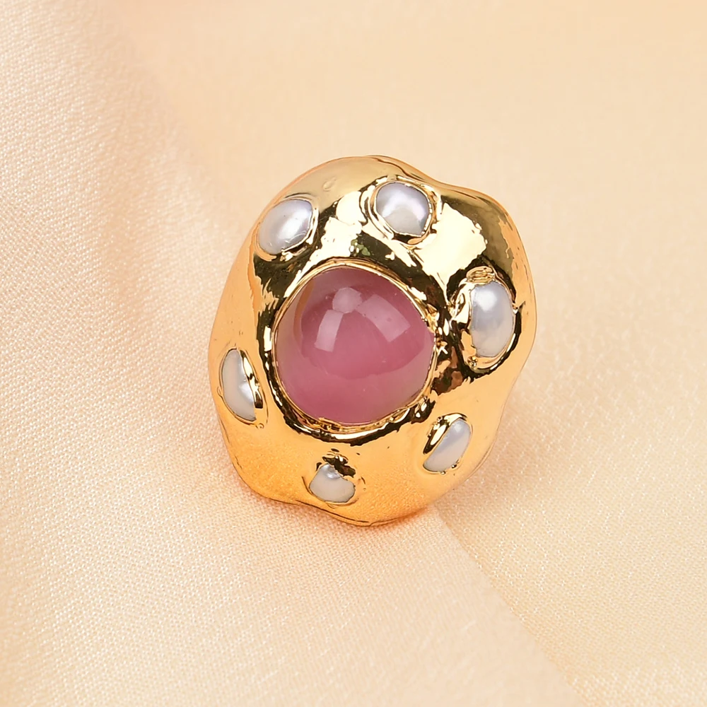 GG Natural Pink Cat Eye Stone Gold Edge Plated White Pearl Paved Rings Adjustable Gem Rings For Lady Gifts