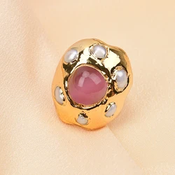GG Natural Pink Cat Eye Stone Gold Edge Plated White Pearl Paved Rings Adjustable Gem Rings For Lady Gifts