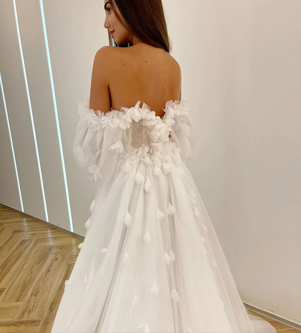 Sodigne Glitter Vlinder Trouwjurken Off Shoulder V Nek A-Lijn Zijsplit Rugloze Bruidsjurken Bruid Jurk Robe De Mariée