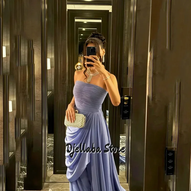 

Verngo Blue Chiffon Evening Dress Strapless A Line Formal Occasion Dresses Women Elegant Modest Pleat Prom Gowns Customized