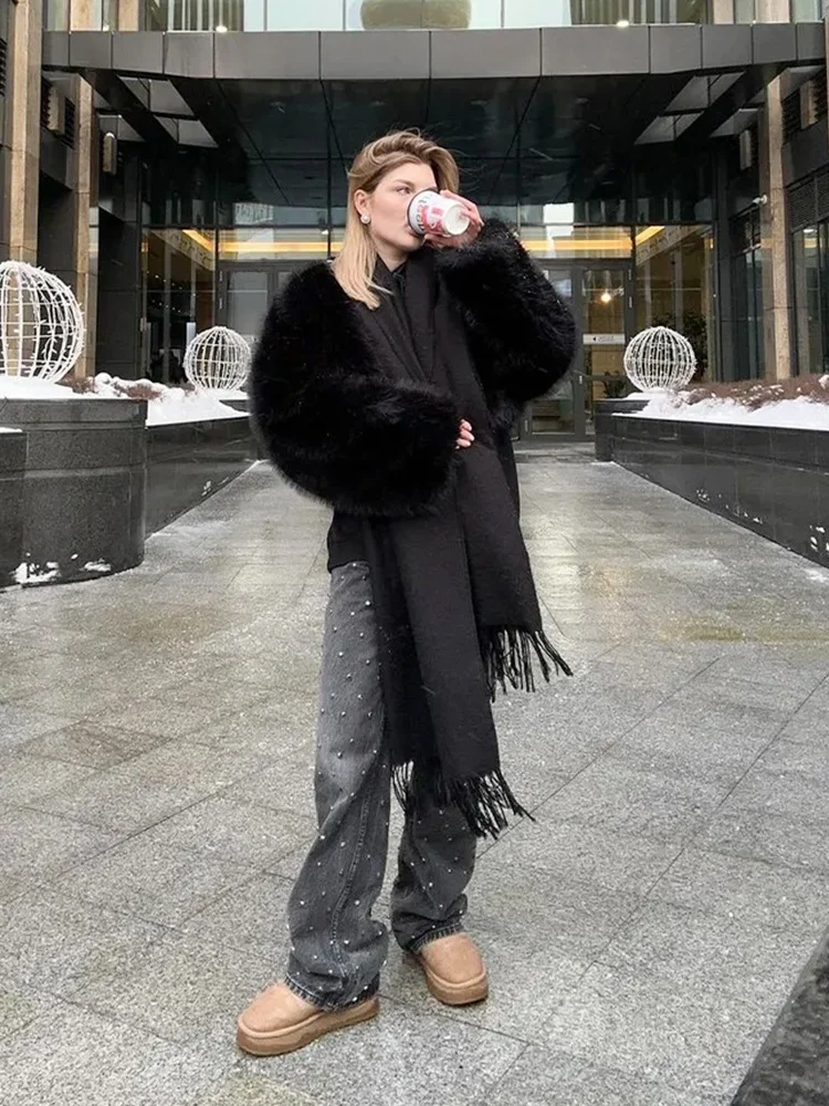 

Женская модная повседневная короткая куртка из искусственного меха с круглым вырезом, слегка расклешенное теплое пальто с длинными рукавами, женская зимняя повседневная уличная верхняя одежда