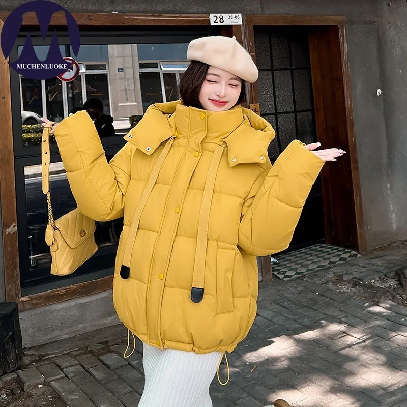 

Women's Winter Jacket 2025 New Korean Fashion Long Sleeve Hoodie Down Cotton Coats Elegant Casual Loose Thick Warm Parkas