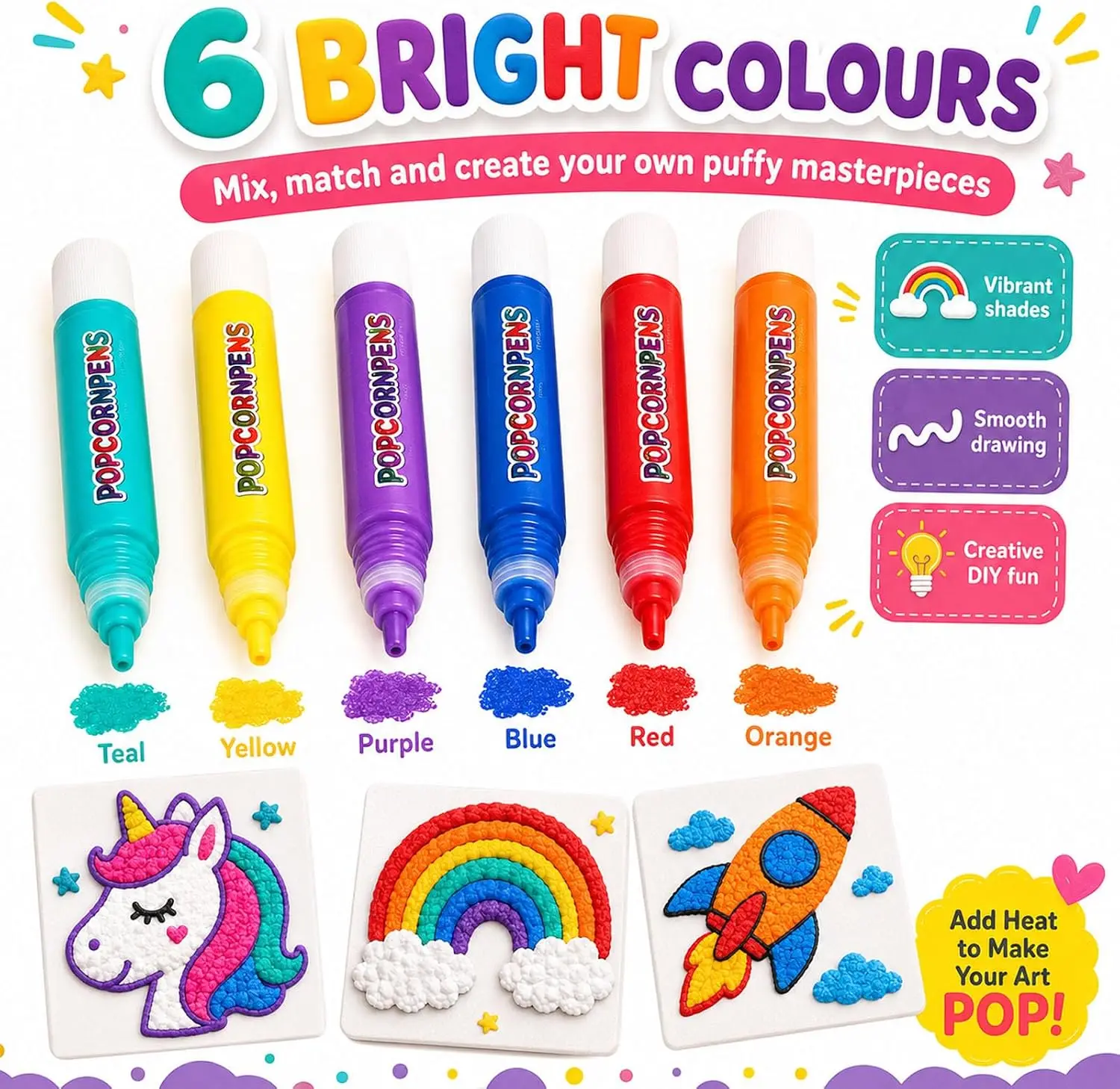 Magic Popcorn Pens Heat Activated 3D Puffy Art Markers DIY Bubble Drawing Pen for Kids Crafts Greeting Card Art Handmade Gift