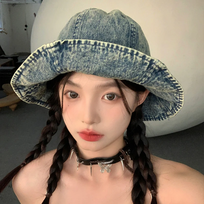 Japanese Simple Washed Old Denim Bucket Hats Spring and Summer Sunscreen Fashion Retro Lotus Leaf Edge Basin Caps for Women