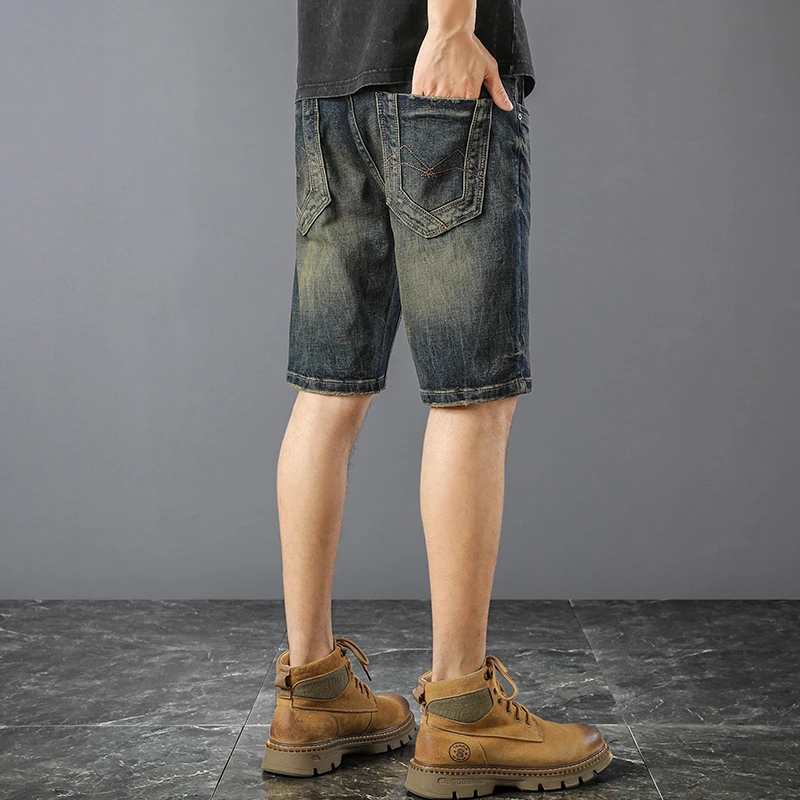 

JXN1009 Scratched denim shorts Men's summer thin fashion straight leg washed stretch Retro versatile casual cropped trousers