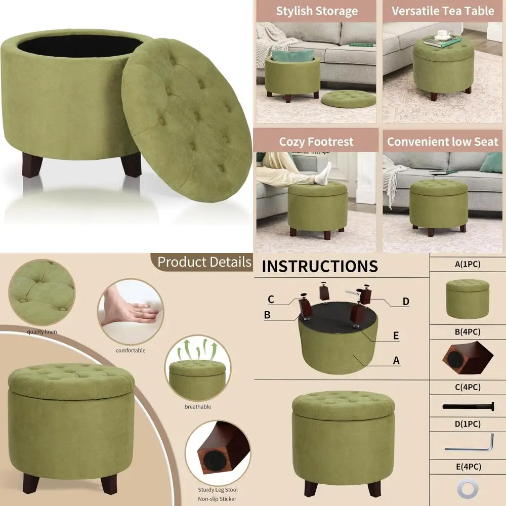 

Kiwi Round Tufted Button Cushion Lift Top Footstool with Storage, 17-Inch High Sturdy Ottoman Bench