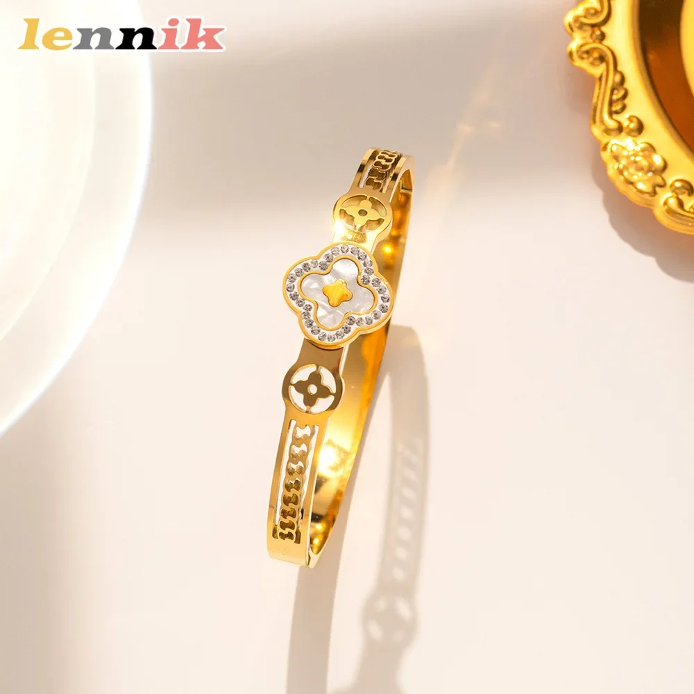 Light Luxury Clover Bangle,White Shell and Titanium Steel Electroplated,Hollow Out Fade-Resistant Design,Stylish Jewelry Present