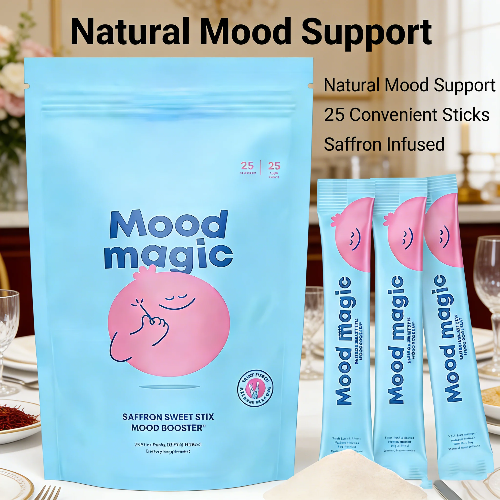 

Натуральные детские палочки Pixie Sticks Mood Magic - травяная смесь с шафраном, цитратом магния и витамином D3 для спокойного настроения и концентрации внимания, 25 порций