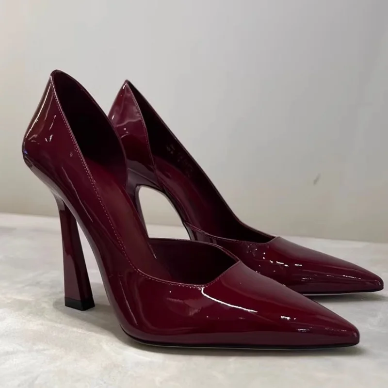 

Wine Red Hoof Heel High Heels Single Shoes for Women Patent Leather Pointed Temperament Cut Off Side Empty Pumps